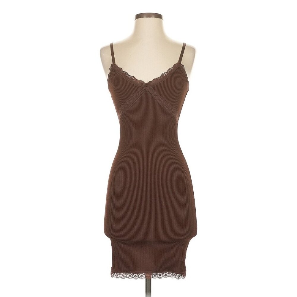 Divided x H&M Brown Ribbed Knit Mini Dress Minimalist Clean Girl Y2K Streetwear - Picture 3 of 14